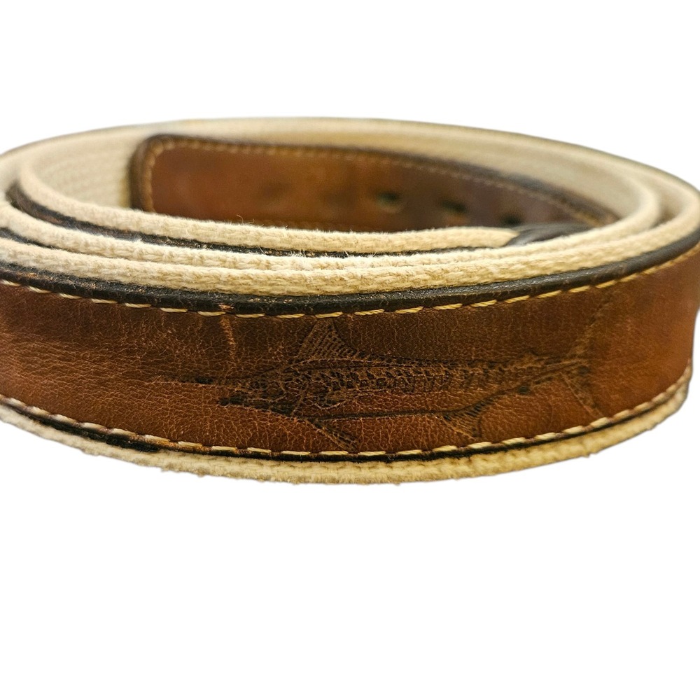 REEF RIDERS Brown Leather & Canvas Belt TOOLED‎ EMBOSSED Marlin Brass Buckle 42
